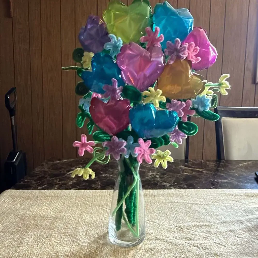 Handmade Pipe Cleaner Flower and Mini Foil Heart Balloon Bouquet in Glass Vase